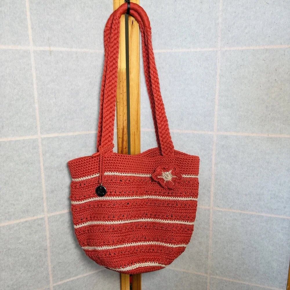 The Sak Red Orange Stripe Crochet/Handbag Purse Beach Cruise Boho Y2K Woven